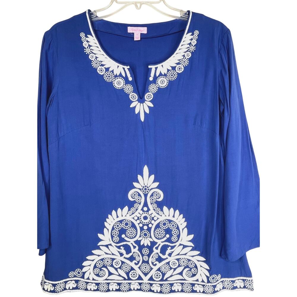 Lilly Pulitzer Charlotte tunic, 3/4 length sleeves, blue/white, size M